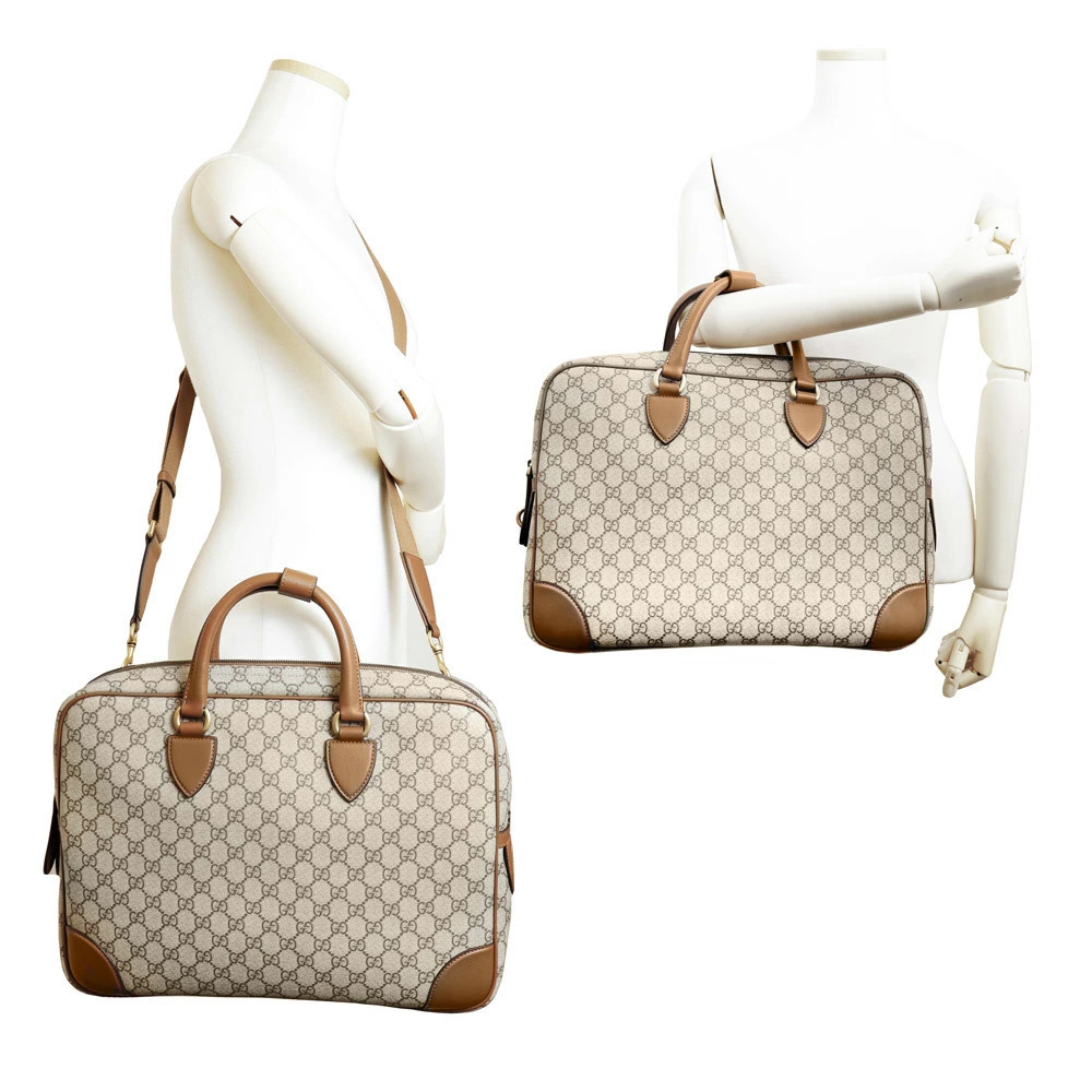 Gucci GG Emblem Briefcase Shoulder Handbag Supreme Canvas Leather Beige Brown - Picture 8 of 10